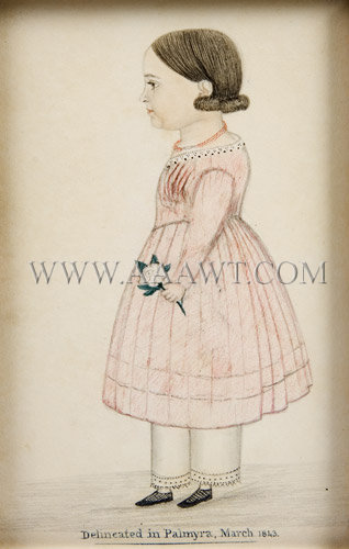 JUSTUS DALEE (1793 to 1878), Full Length Portrait, Girl in Pink Dress
Delineated in Palmyra, March, 1843
Palmyra, New York, entire view